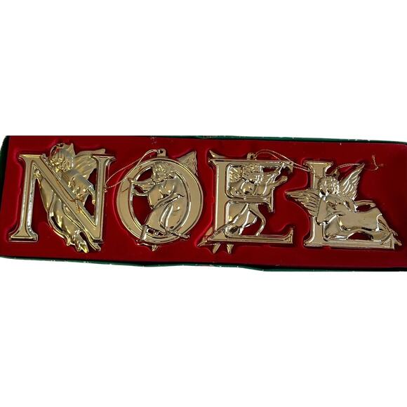 Vintage Gold Plated Christmas Ornament NOEL Cherubs Angels Set 3”x3” Taiwan 4 pc - Picture 1 of 10